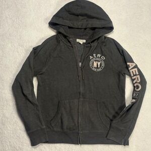 Aeropostale Womens Full Zip Hoodie Charcoal Grey Aero 87 NYC Graphic Size M